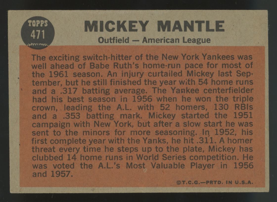 1962 Topps Mickey Mantle All-Star Sporting News #471 VG/EX