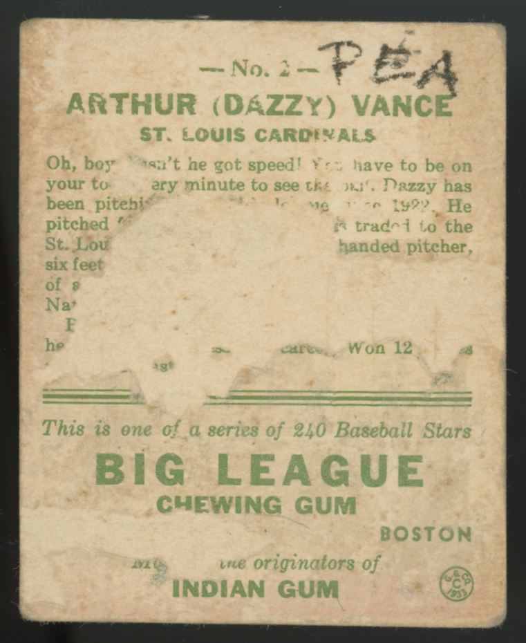 1933 Goudey Arthur "Dazzy" Vance #2 Poor / Paper Loss (MK)