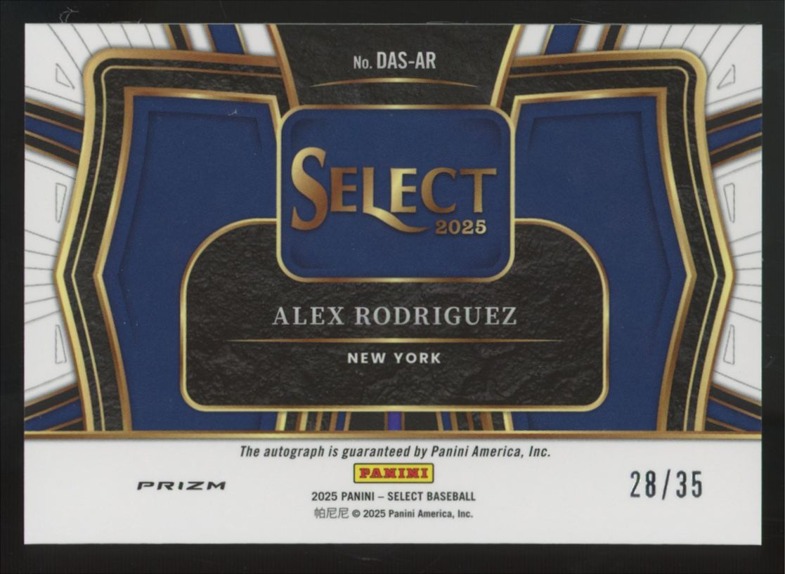 2025 Panini Select Alex Rodriguez Purple Diamond Action Auto /35 #DAS-AR