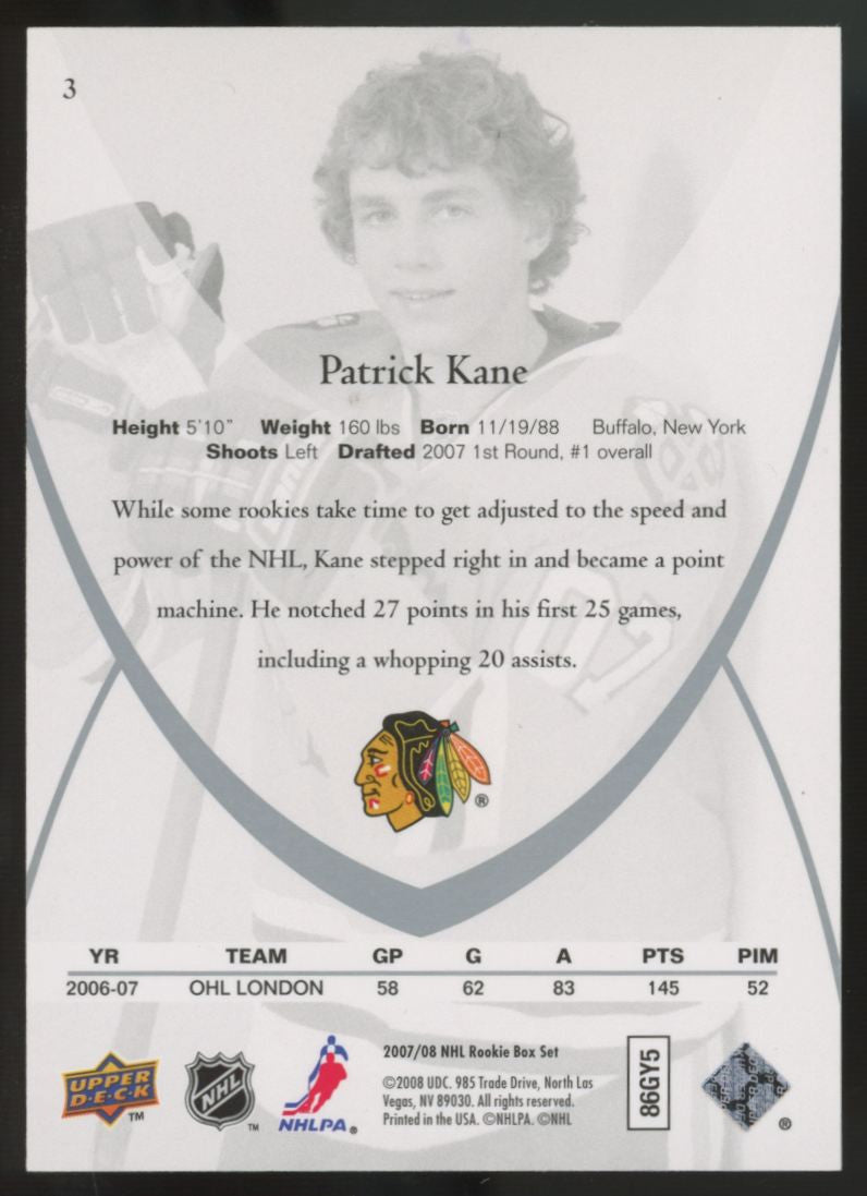2007-08 Upper Deck Rookie Box Patrick Kane RC Rookie Class #3