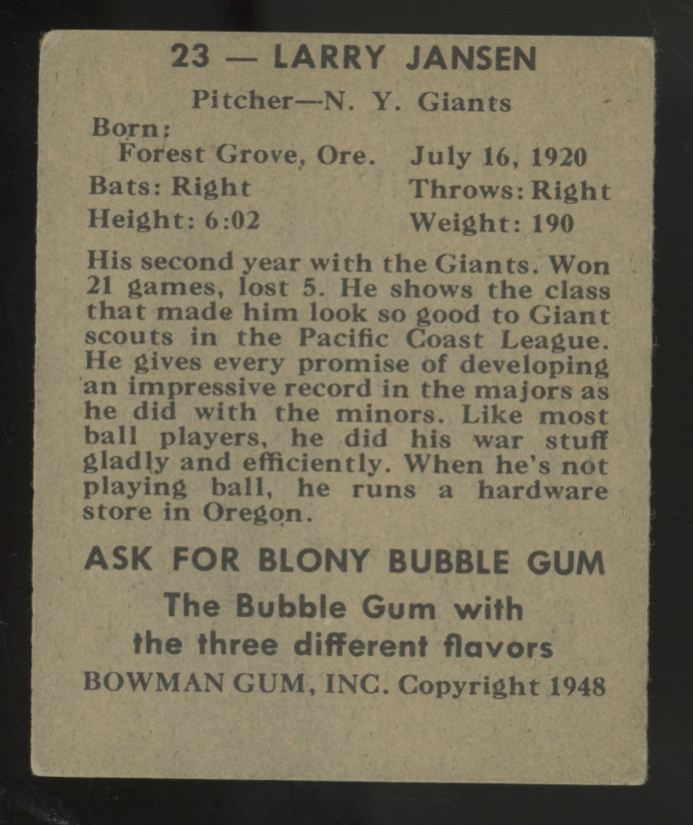 1948 Bowman Larry Jansen #23 VG-EX (MC)