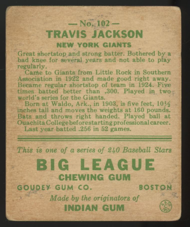 1933 Goudey Travis Jackson #102 VG