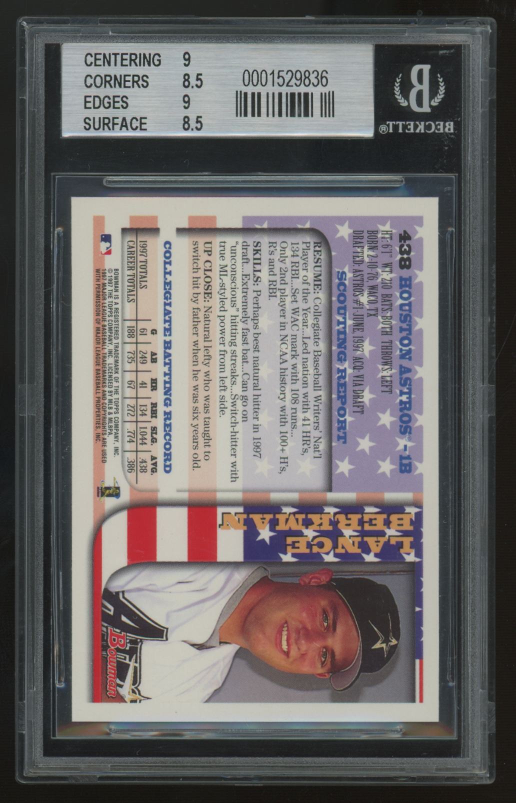 1997 Bowman International Lance Berkman RC #438 BGS 8.5
