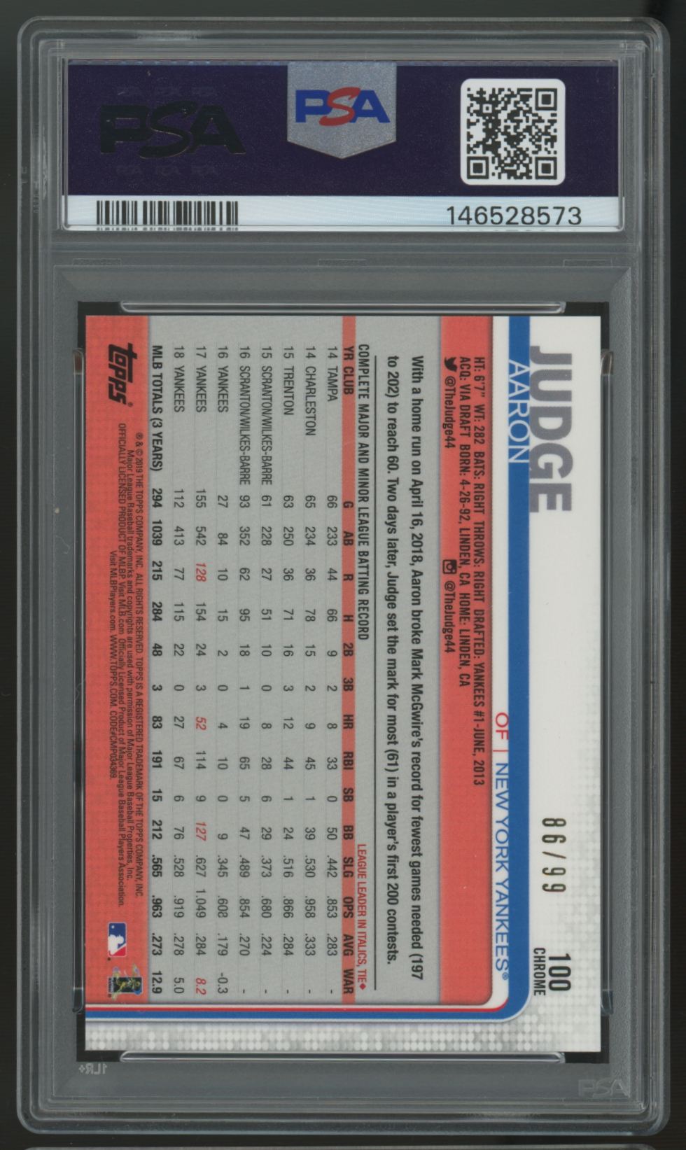 2019 Topps Chrome Aaron Judge Batting Green Wave Refractor /99 #100 PSA 9