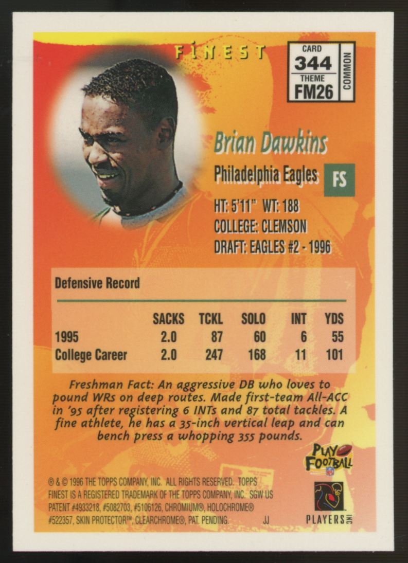 1996 Topps Finest Brian Dawkins RC Freshman With Coating #344