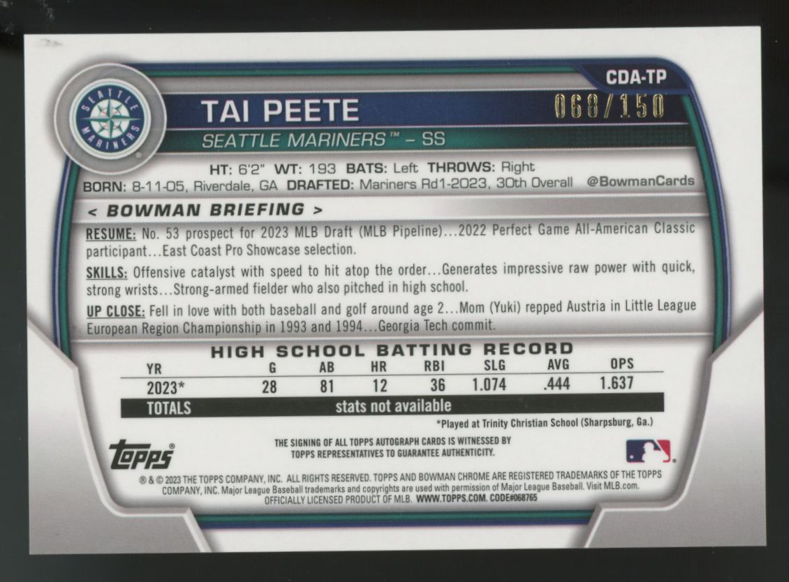 2023 Bowman Draft Mega Tai Peete 1st Chrome Auto /150 #CDA-TP