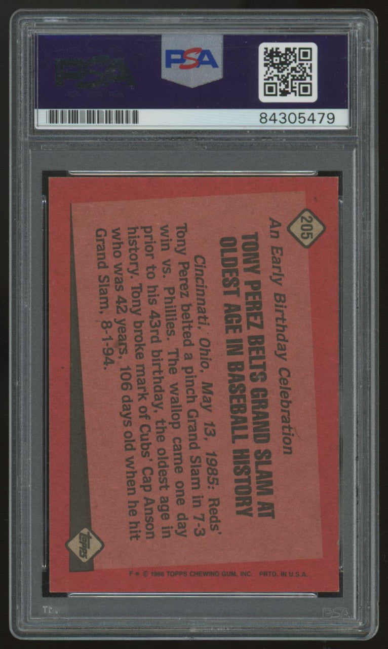 1986 Topps Tony Perez '85 Record Breakers #205 Auto PSA /DNA Certified