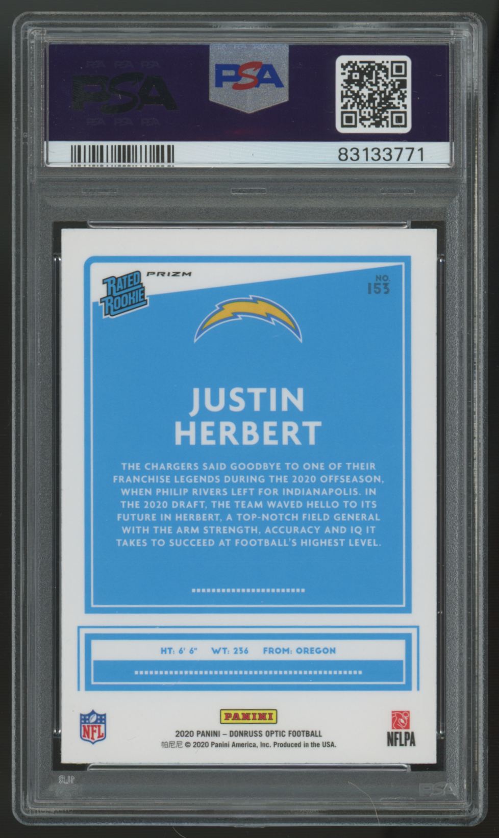2020 Donruss Optic Justin Herbert Rated Rookie Bronze Prizm #153 PSA 10