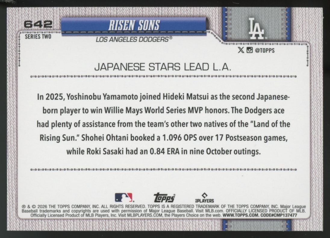 2026 Topps Series Two Los Angeles Dodgers Risen Sons Aqua Holo Foil #642