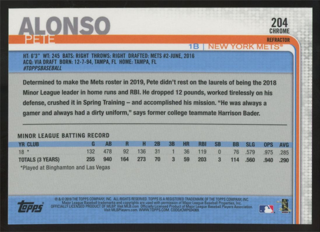 2019 Topps Chrome Pete Alonso RC X-Fractor #204