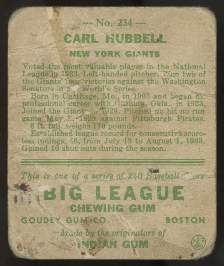 1933 Goudey Carl Hubbell #234 Poor