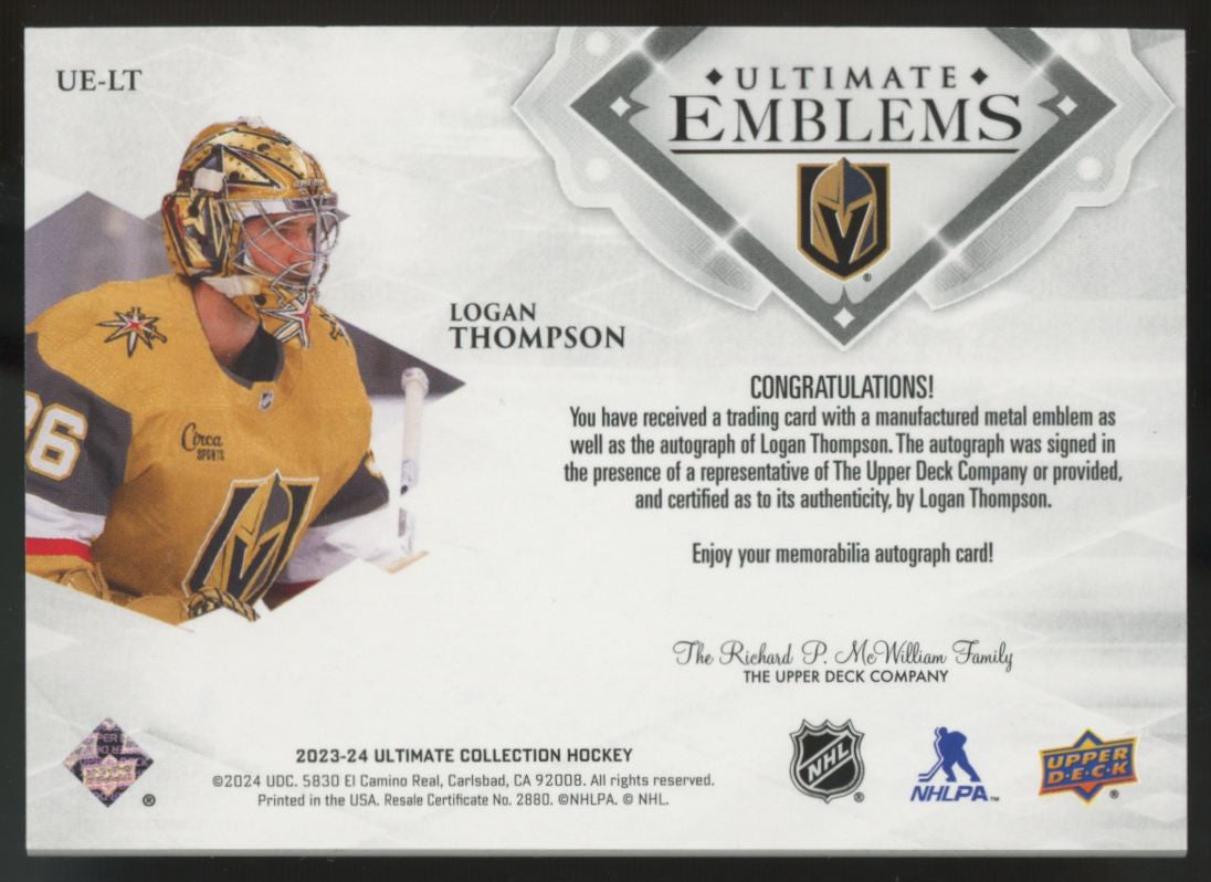 2023-24 UD Ultimate Collection Logan Thompson Emblems Auto #UE-LT