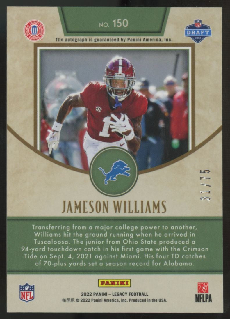 2022 Panini Legacy Jameson Williams RC Premium Penmanship Orange Auto /75 #150