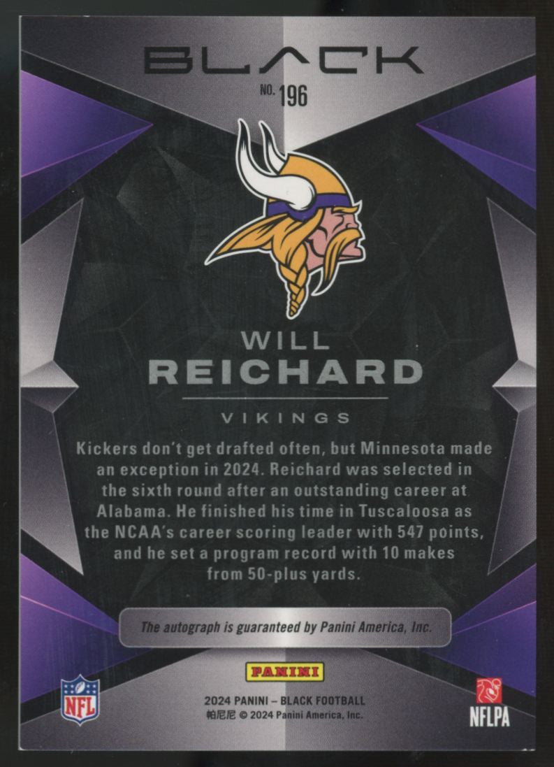 2024 Panini Black Will Reichard RC Sapphire Auto /50 #196