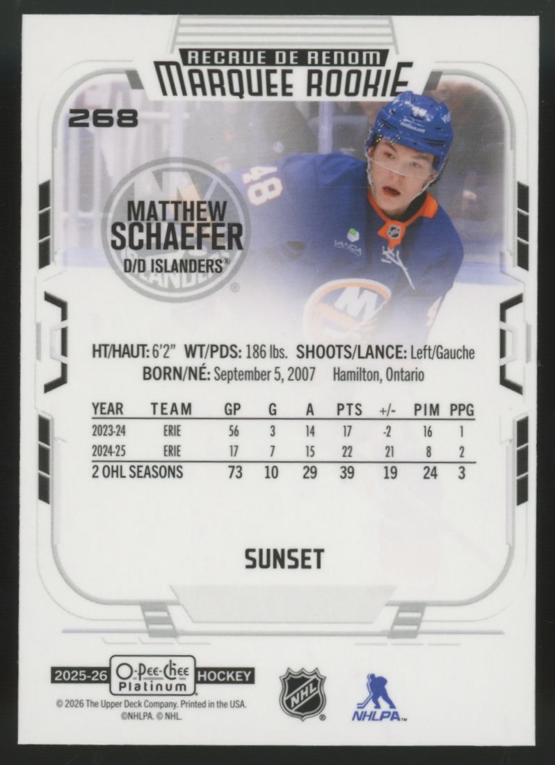 2025-26 O-Pee-Chee Platinum Matthew Schaefer RC Marquee Rookie Sunset #268