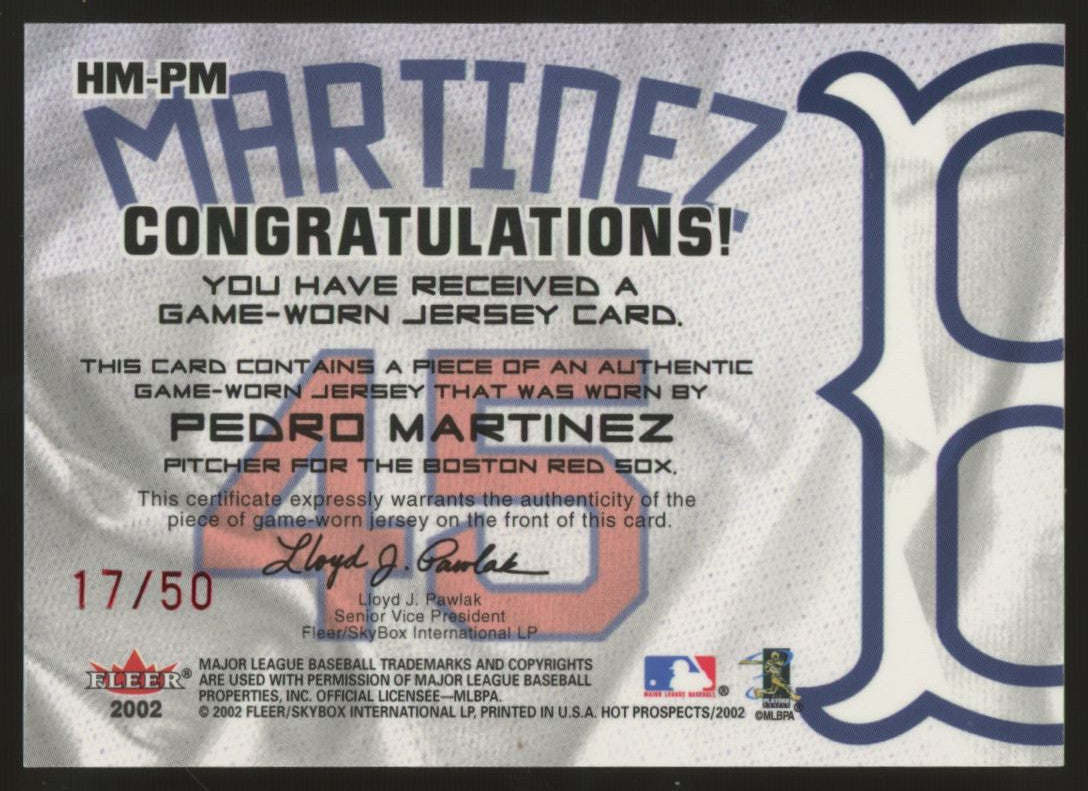 2002 Fleer Pedro Martinez MLB Hot Materials Patch Red /50 #HM-PM