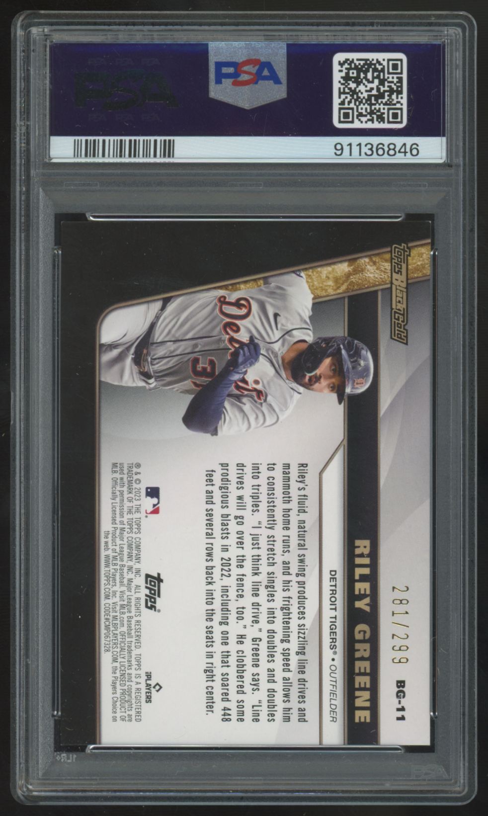 2023 Topps Update BlackGold Riley Greene RC Black /299 #BG11 PSA 8