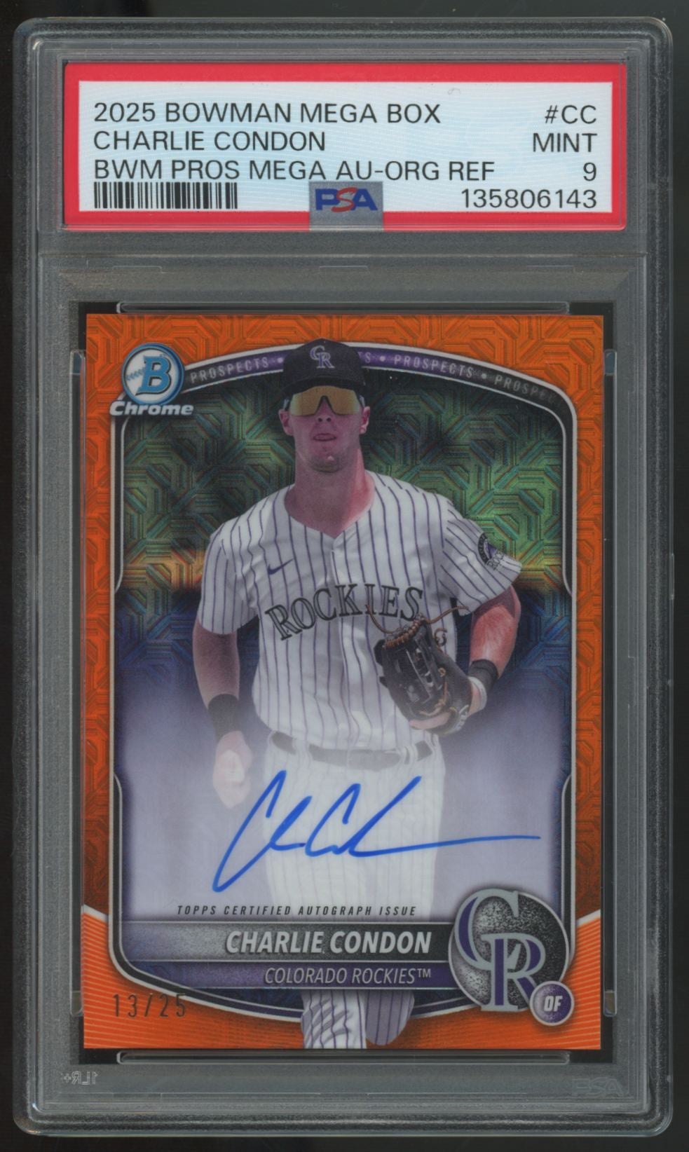 2025 Bowman Mega Charlie Condon Chrome Prospect Orange Auto /25 #BMA-CC PSA 9