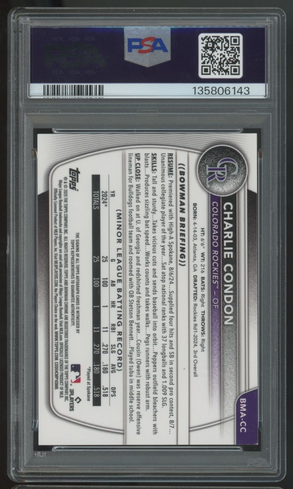 2025 Bowman Mega Charlie Condon Chrome Prospect Orange Auto /25 #BMA-CC PSA 9