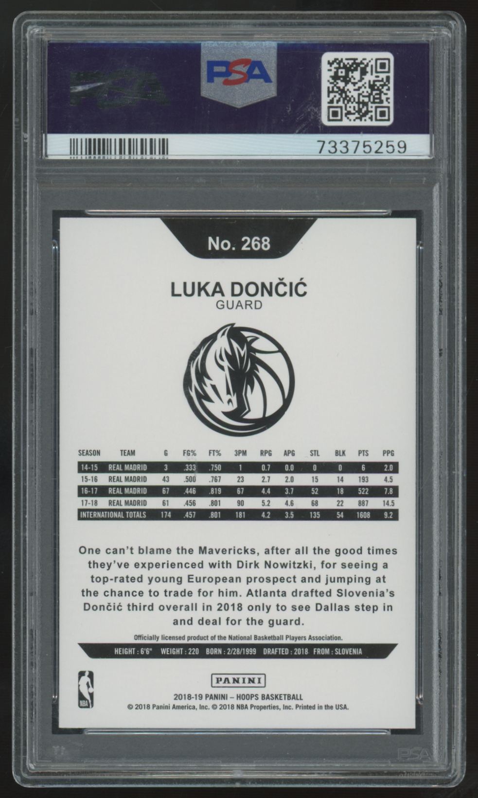 2018-19 Panini Hoops Luka Doncic RC #268 PSA 10