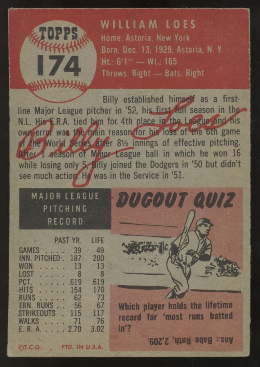 1953 Topps Billy Loes #174 VG/EX