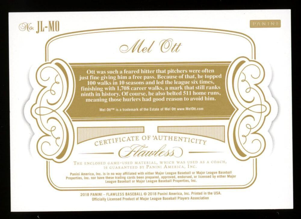 2018 Panini Flawless Baseball Mel Ott Jersey Patch /20