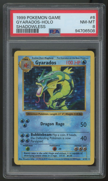 1999 Pokemon Gyarados Base Set Shadowless Holo #6 PSA 8