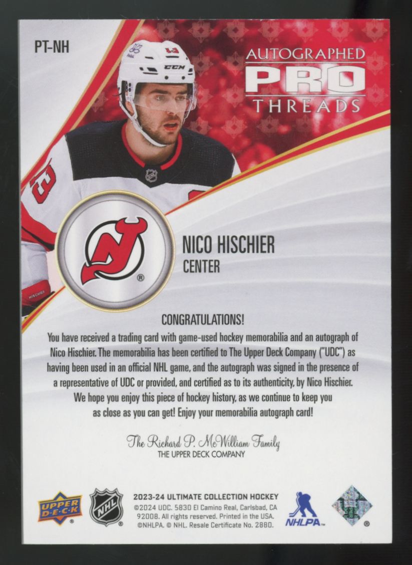 2023-24 Upper Deck Ultimate Nico Hischier Pro Threads Patch Auto /49 #PT-NH