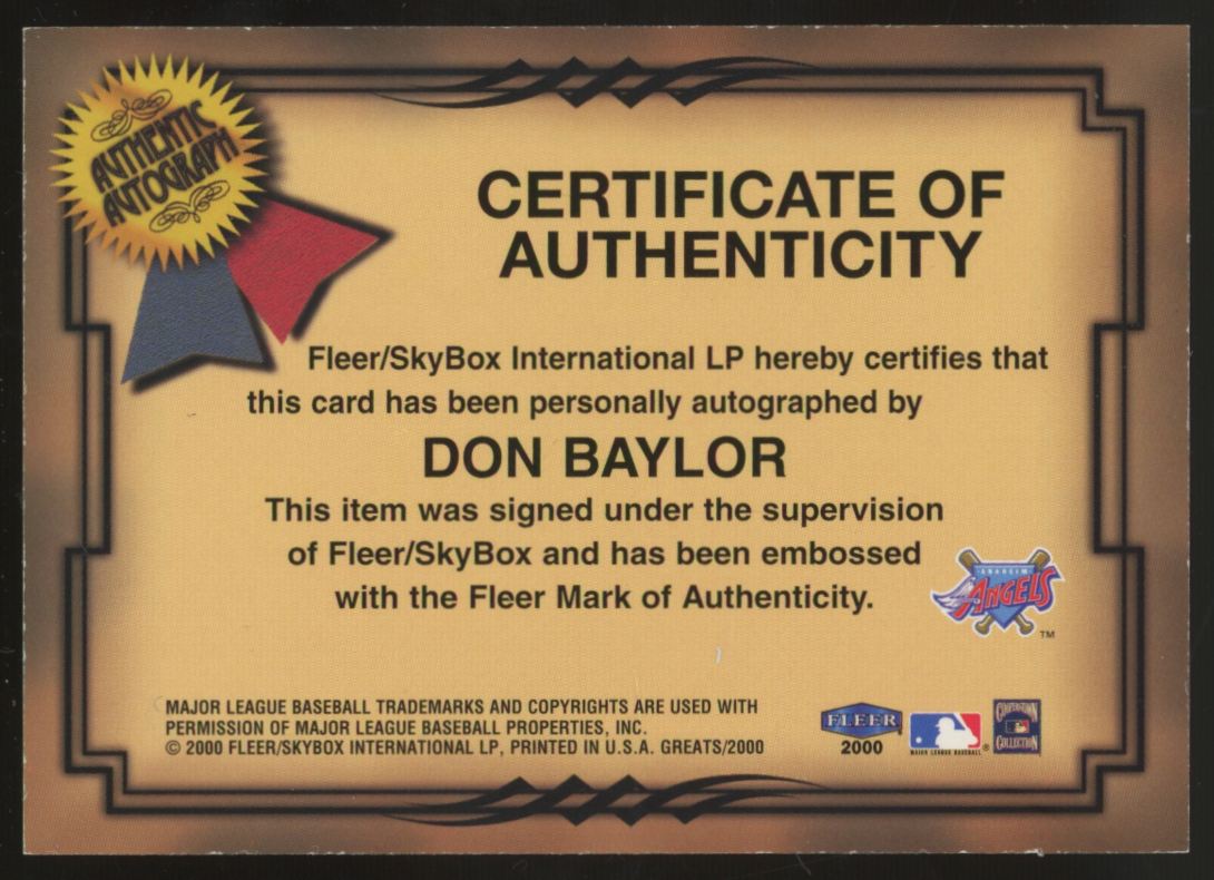 2000 Fleer Greats Of The Game Don Baylor Auto