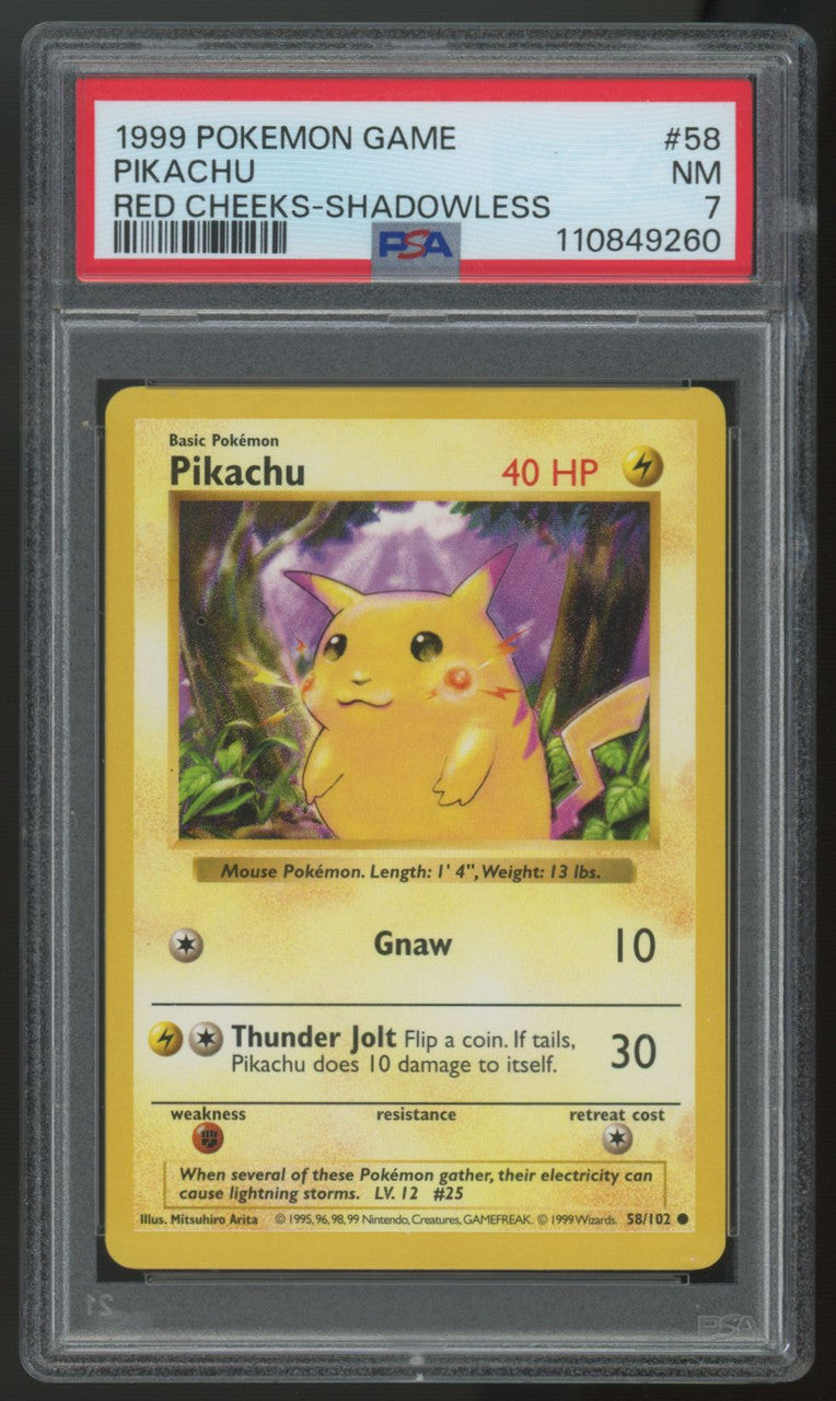 1999 Pokemon Pikachu Base Set Shadowless Red Cheeks #58 PSA 7
