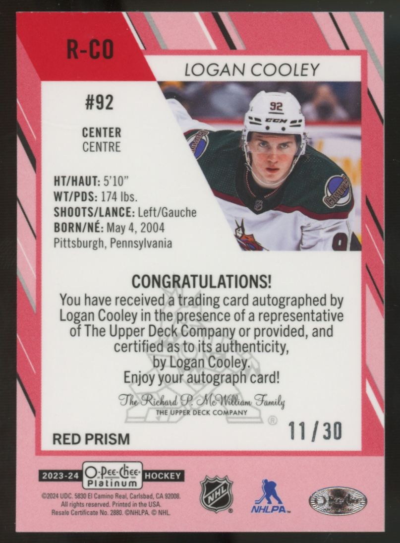 2023-24 O-Pee-Chee Platinum Logan Cooley RC Recrue Red Prism Auto /30 #R-CO