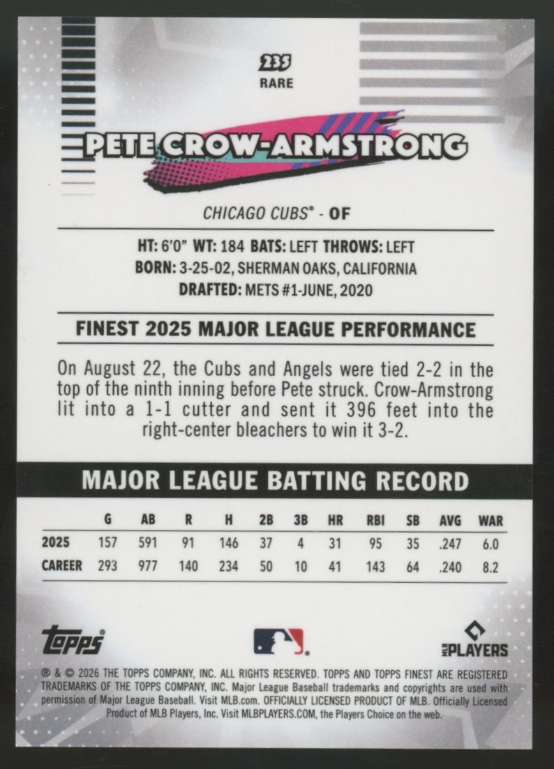 2026 Topps Finest Pete Crow-Armstrong Rare Gold Refractor /50 #235