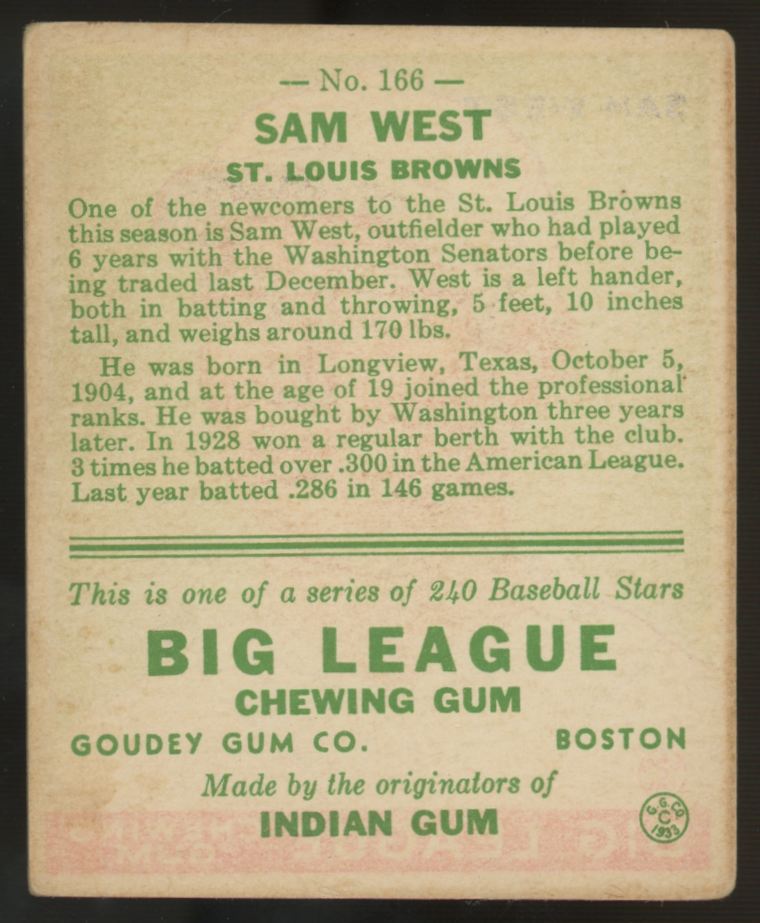1933 Goudey Sam West #166 VG/EX