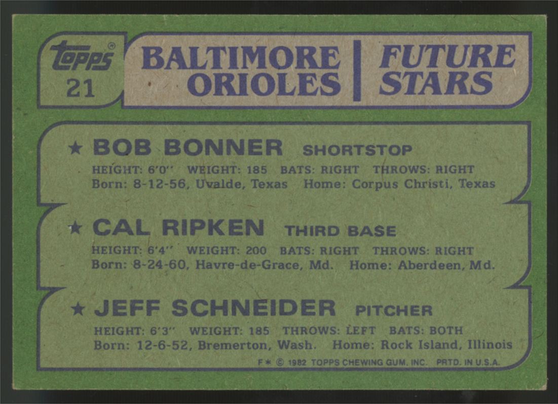 1982 Topps Cal Ripken, Bonner, Schneider #21 VG/EX