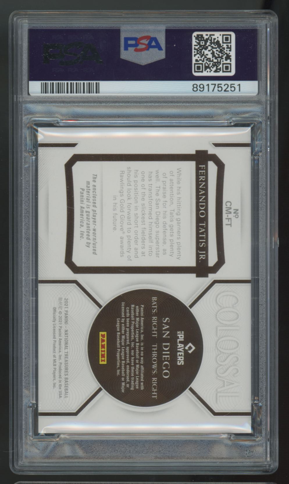 2021 National Treasures Fernando Tatis Jr. Colossal Patch /99 #CM-FT PSA 10