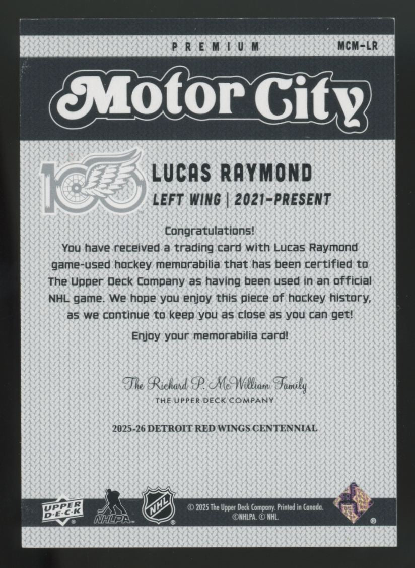 2025-26 UD Red Wings Centennial Lucas Raymond Motor City Premium Patch /25