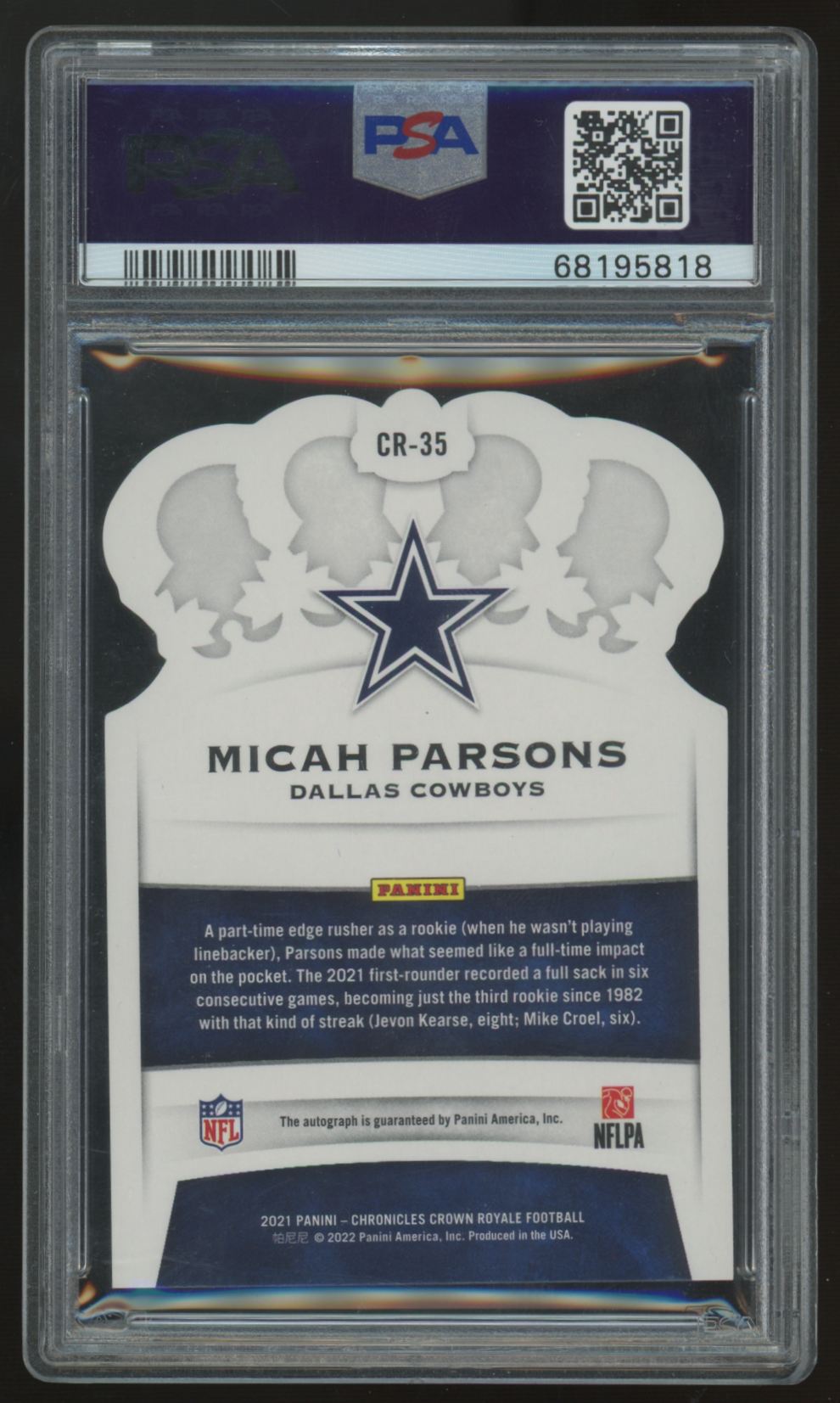 2021 Chronicles Crown Royale Micah Parsons RC Auto /99 #CR-35 PSA 10