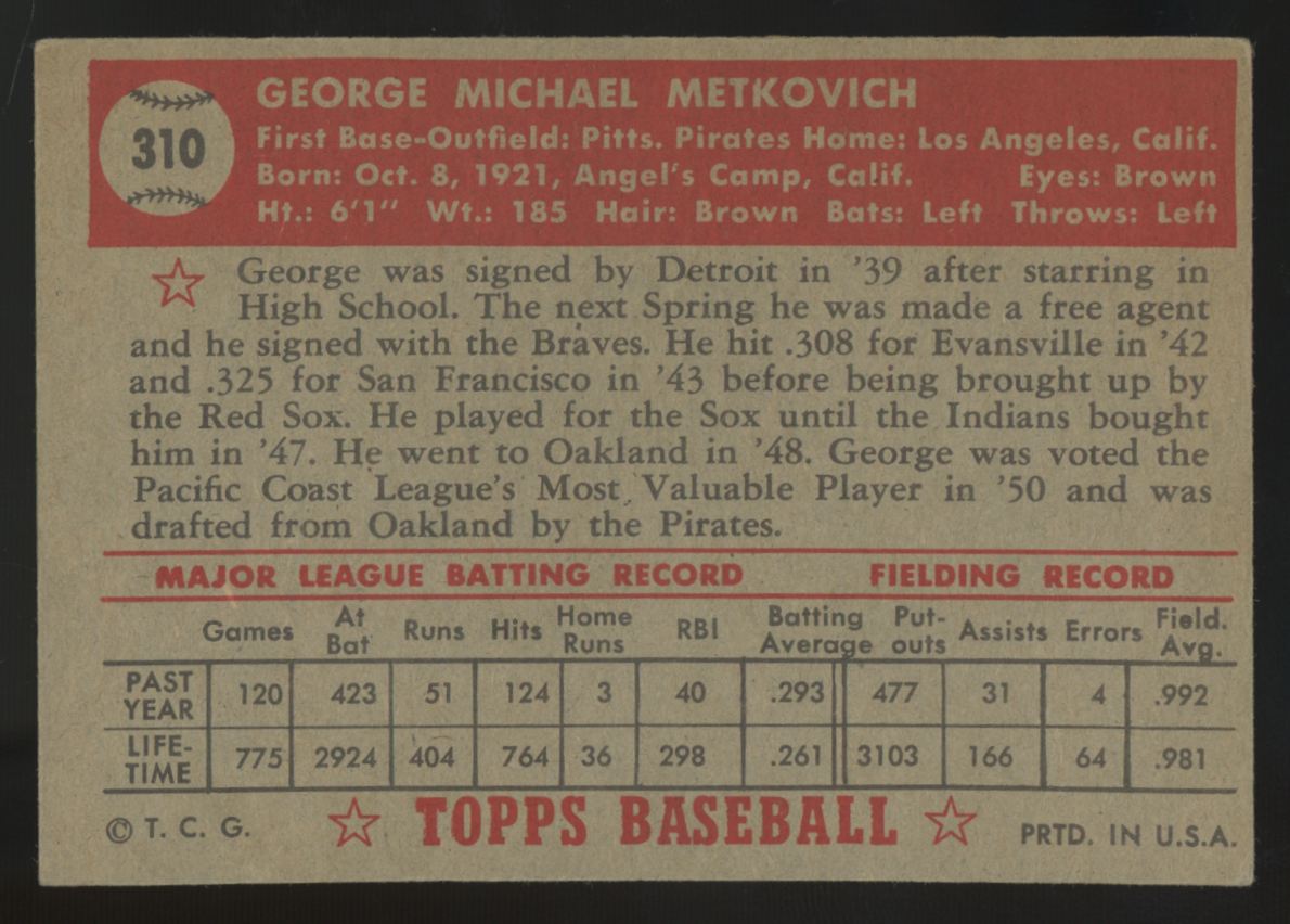 1952 Topps George Metkovich #310 VG/EX