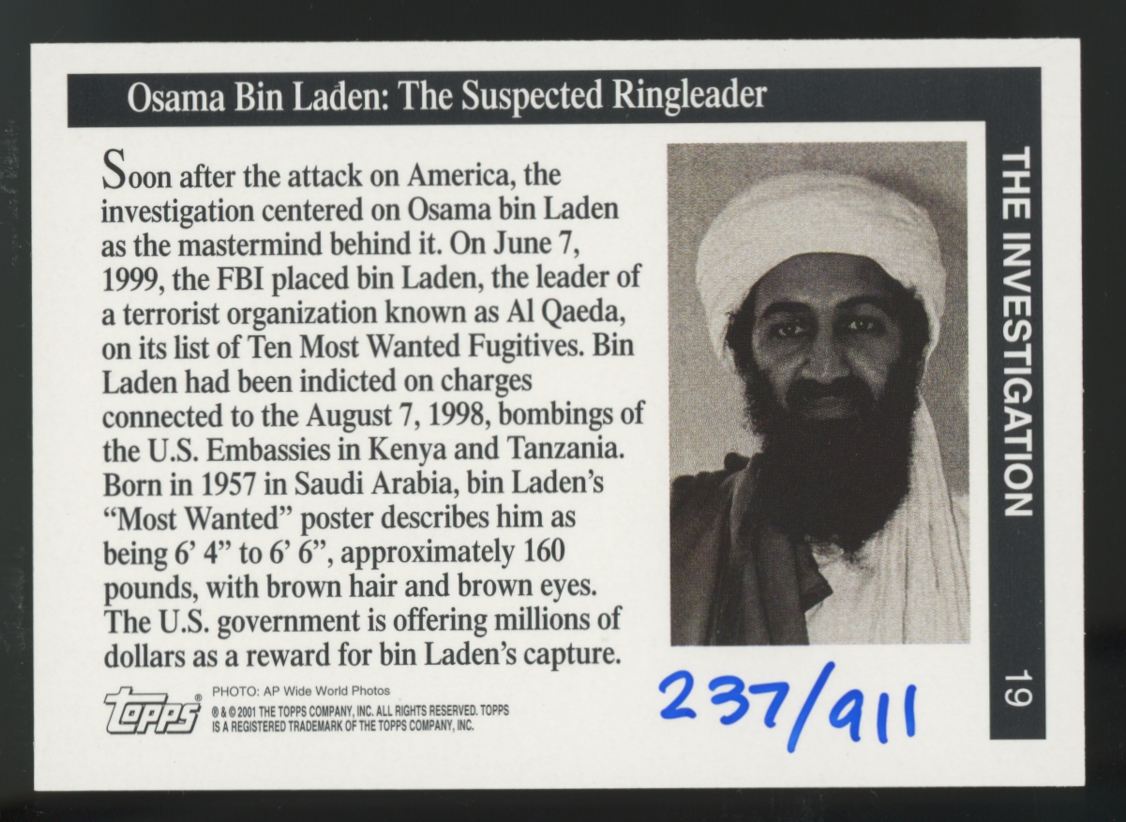 2001 Topps Enduring Freedom Osama Bin Laden Buyback Robert O'Neill Auto /911 #19