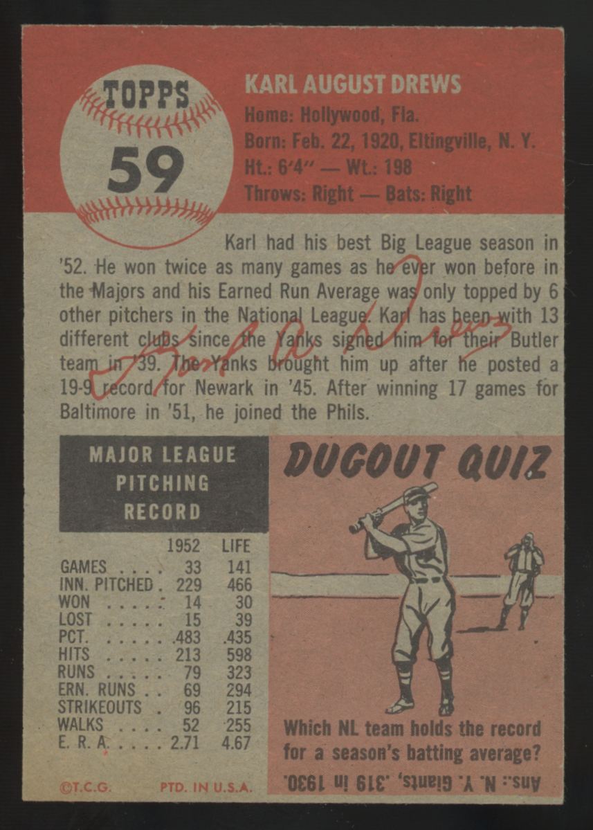 1953 Topps Karl Drews #59 VG/EX