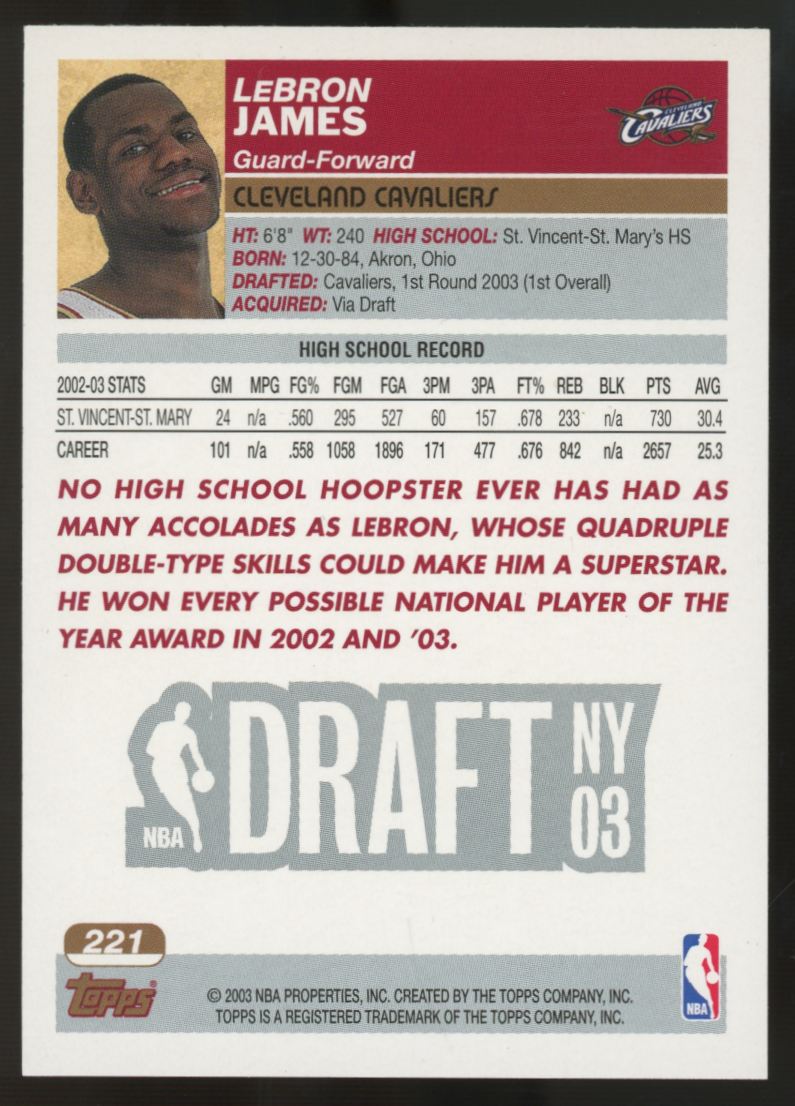 2003-04 Topps LeBron James RC Draft Pick #221 "B"