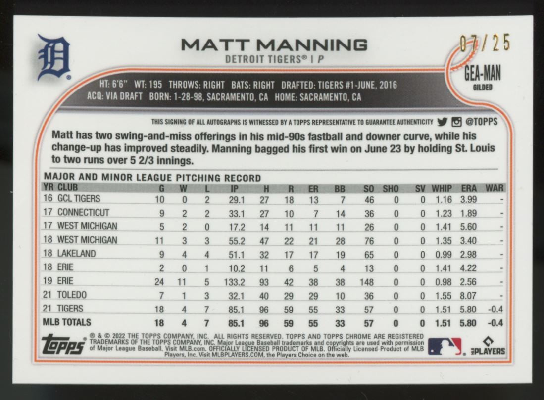2022 Topps Gilded Collection Matt Manning RC Auto Rose Gold /25 #GEA-MAN