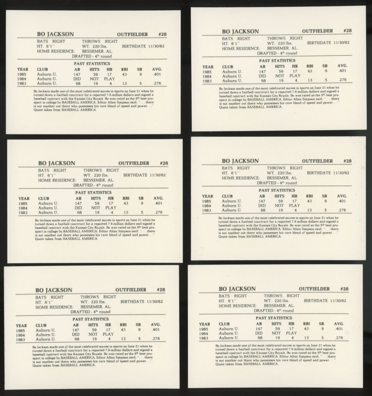 1986 Time Out Sports Bo Jackson RC Memphis Chicks #28 (Lot Of 20)