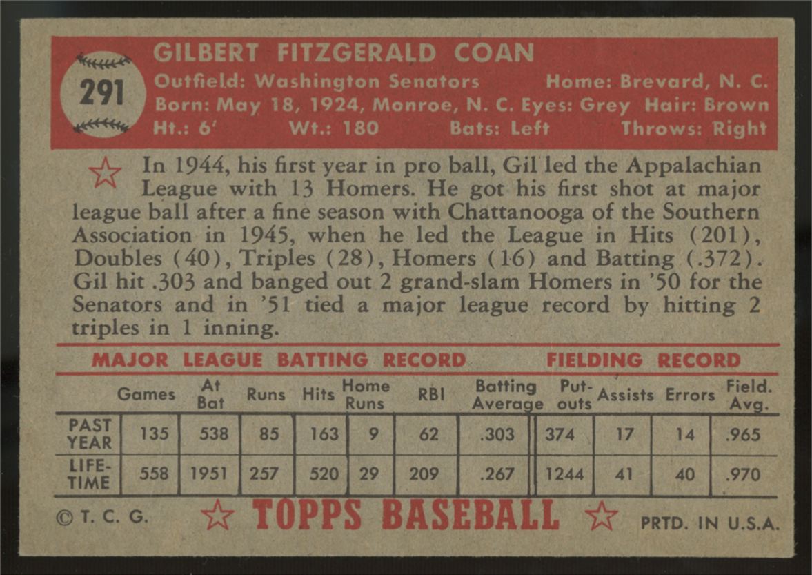 1952 Topps Gil Coan #291 EX "A"