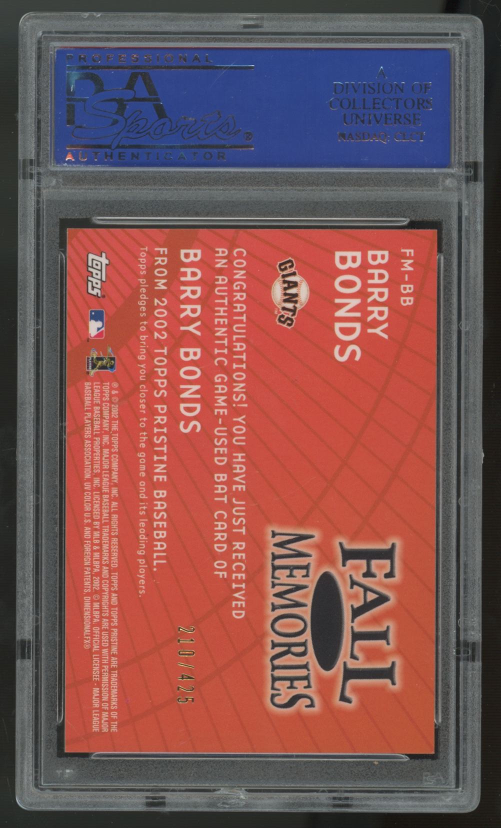 2002 Topps Pristine Barry Bonds Fall Memories Bat Relic /425 #FM-BB PSA 9