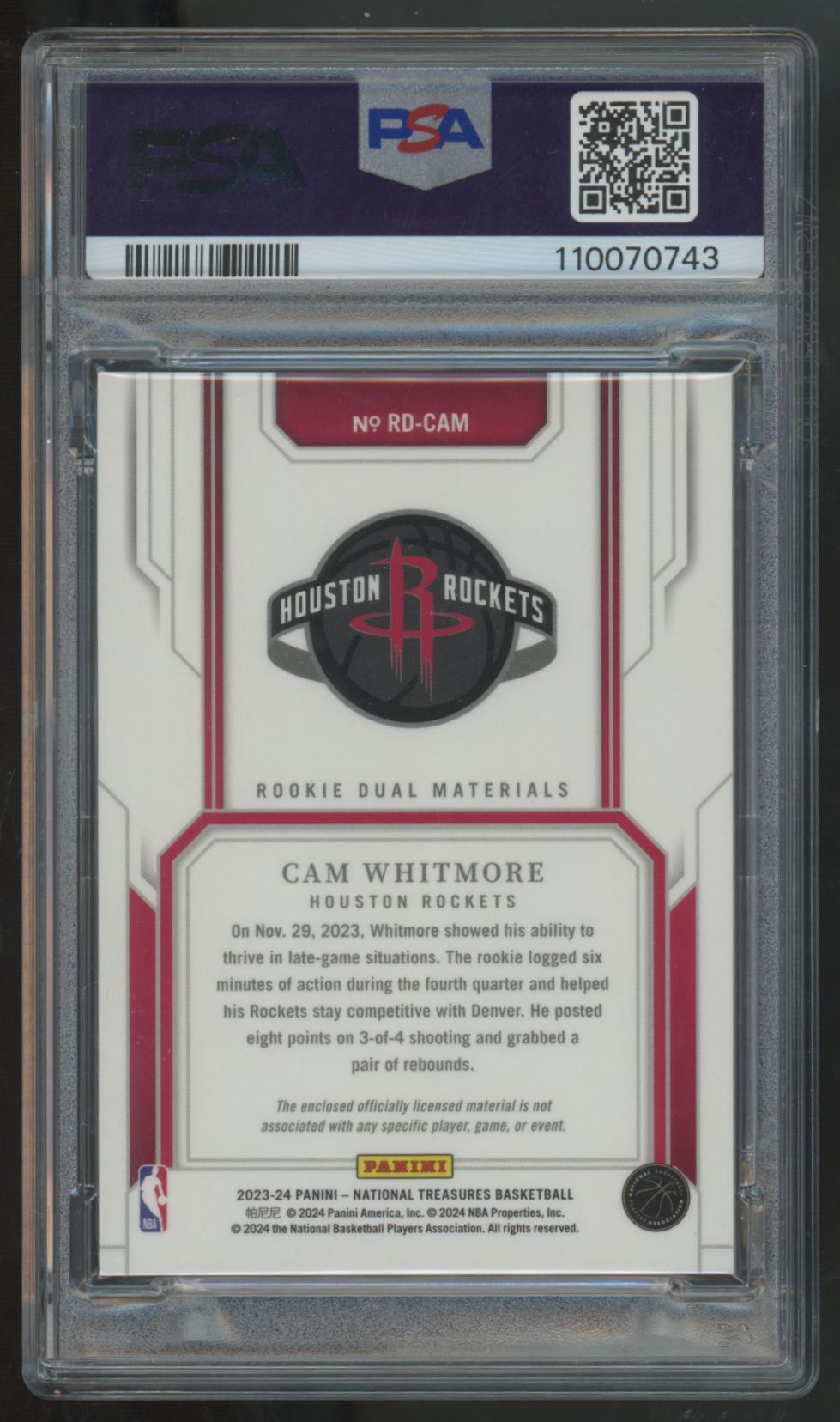 2023-24 National Treasures Cam Whitmore RC Dual Patch /99 #RD-CAM PSA 10