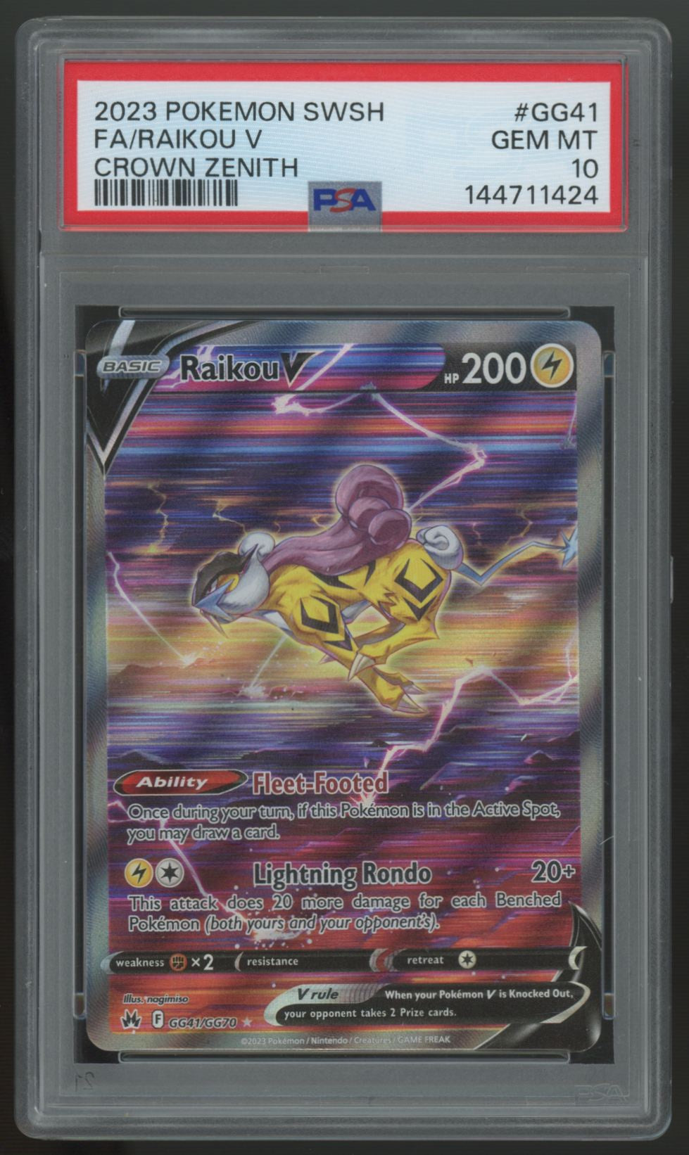 2023 Pokemon Raikou V Crown Zenith Full Art #GG41 PSA 10