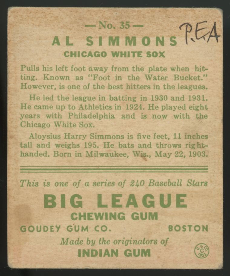 1933 Goudey Al Simmons #35 VG-EX (MK)