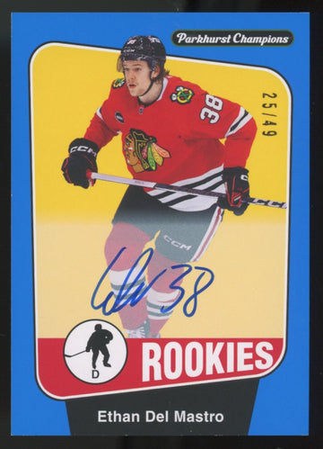 2024-25 Upper Deck Parkhurst Champions Ethan Del Mastro RC Blue Auto /49 #259