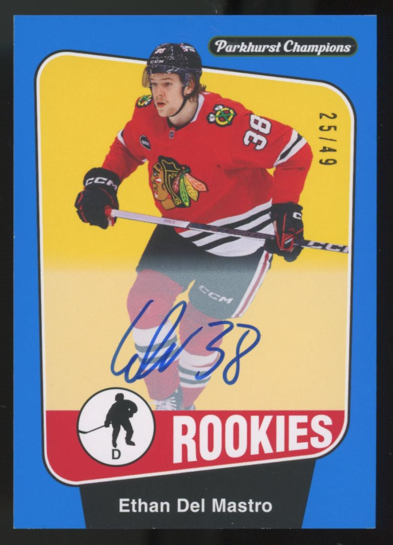 2024-25 Upper Deck Parkhurst Champions Ethan Del Mastro RC Blue Auto /49 #259